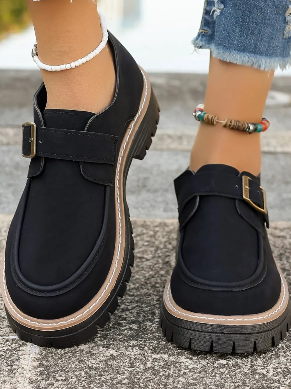 PU Leather Round Toe Buckle Loafers - Korvel