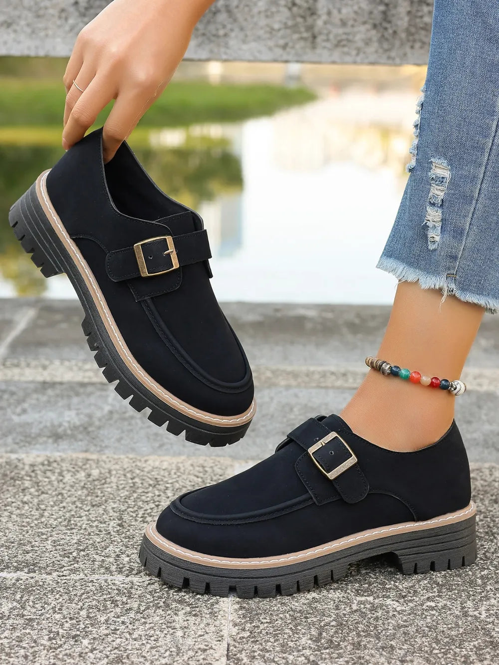 PU Leather Round Toe Buckle Loafers - Korvel