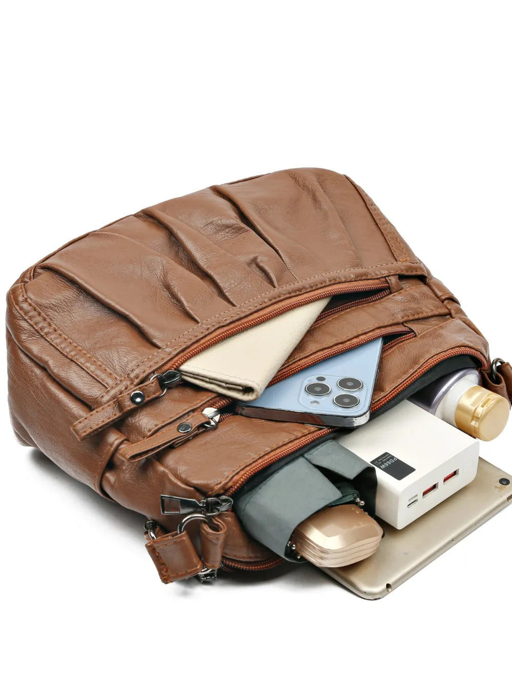 PU Leather Ruched Adjustable Strap Shoulder Bag - Korvel