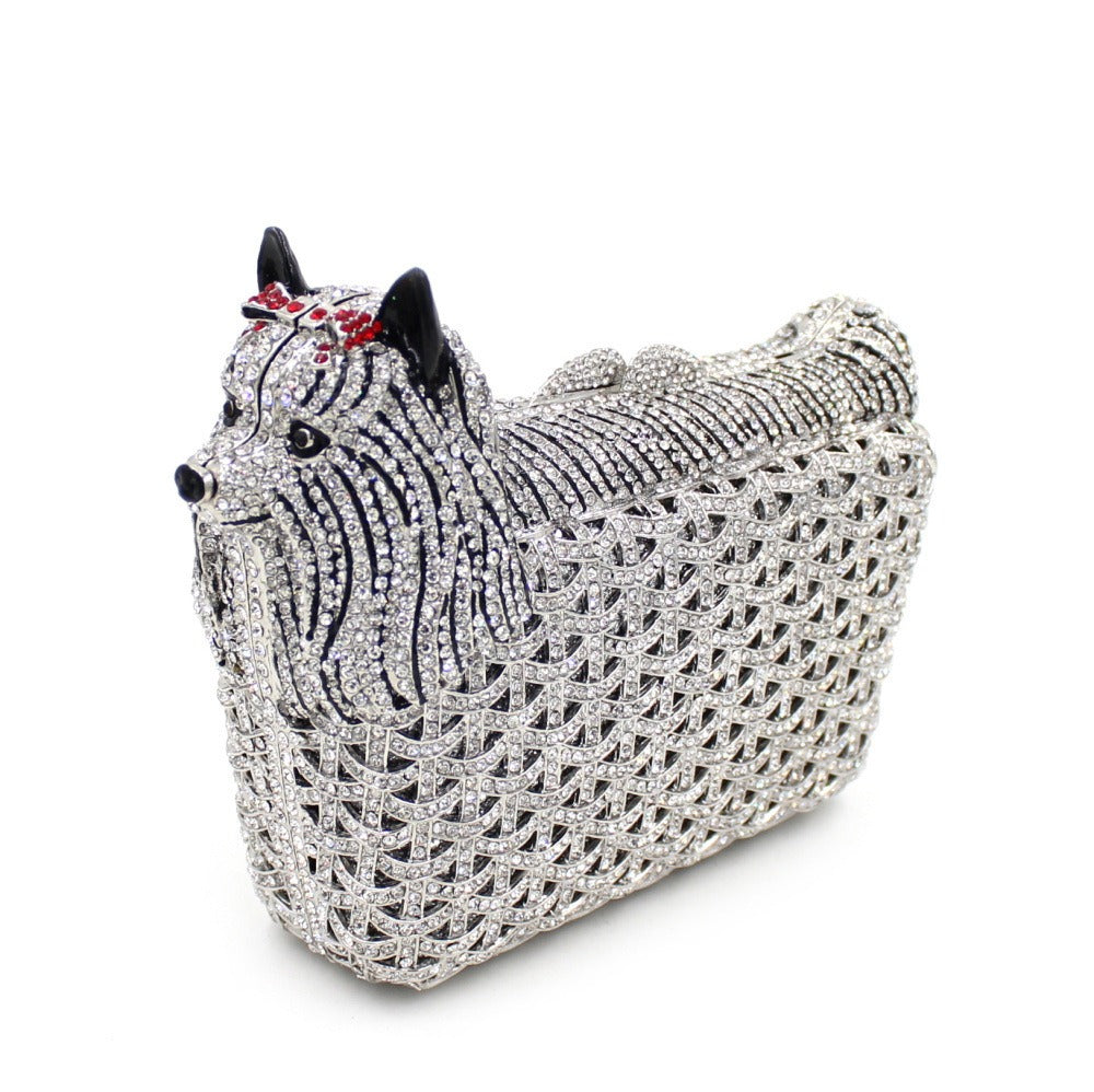 Puppy rhinestone bag, hollow metal crystal dinner bag, handmade diamond inlaid bag, women's hand-held bag - Korvel