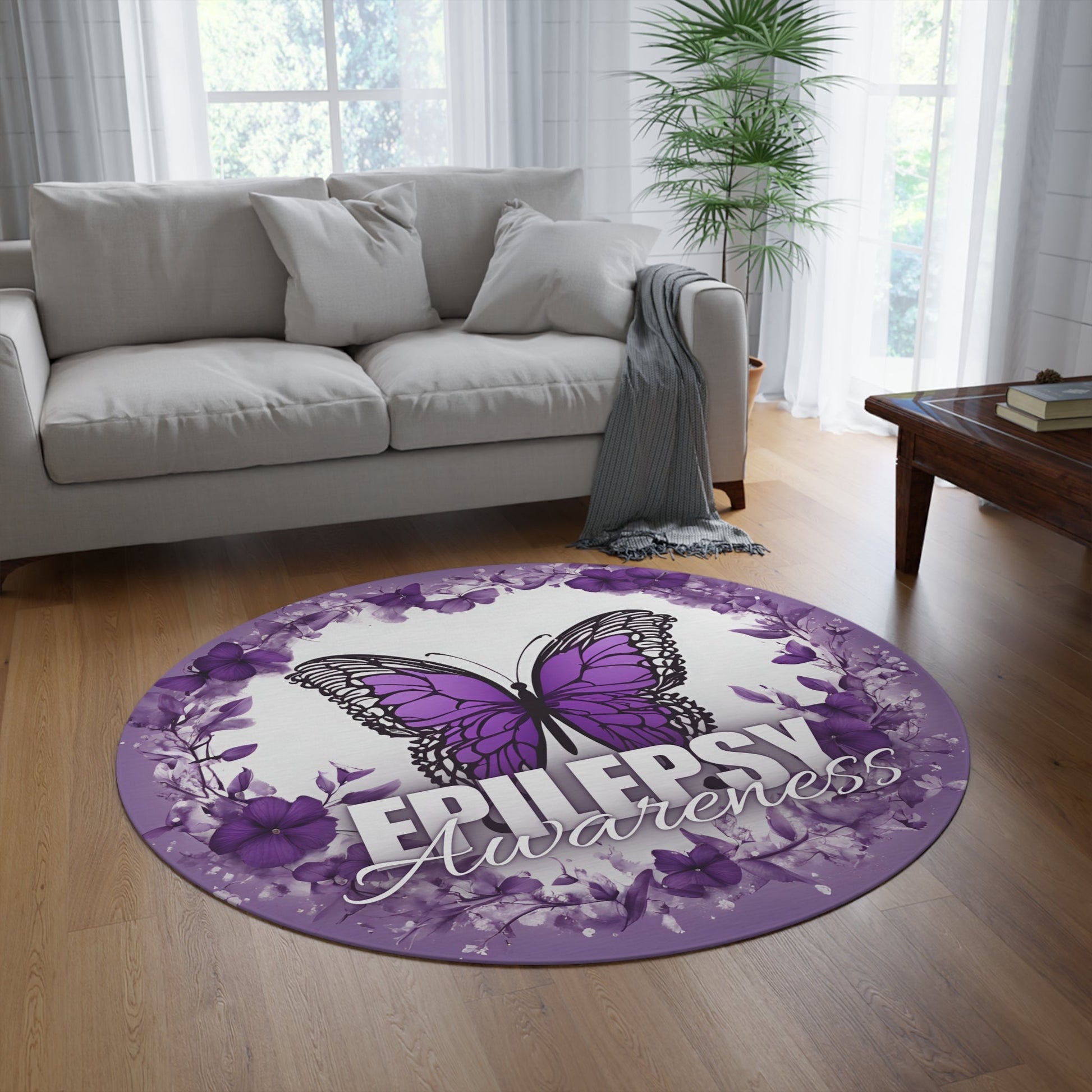 Vibrant Butterfly Round Rug for Epilepsy Awareness - Korvel