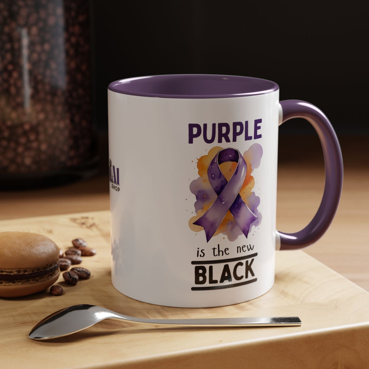 Taza de Café con Acento de Cinta Púrpura