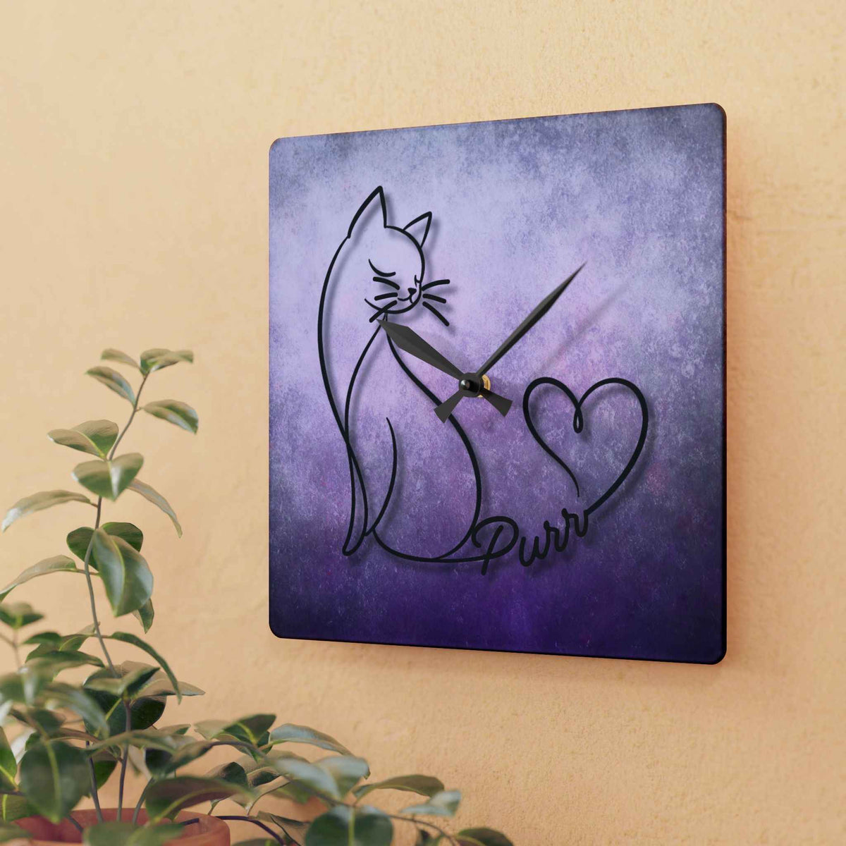 Purr Cat Heart Acrylic Wall Clock – Minimalist Cat Lover Decor