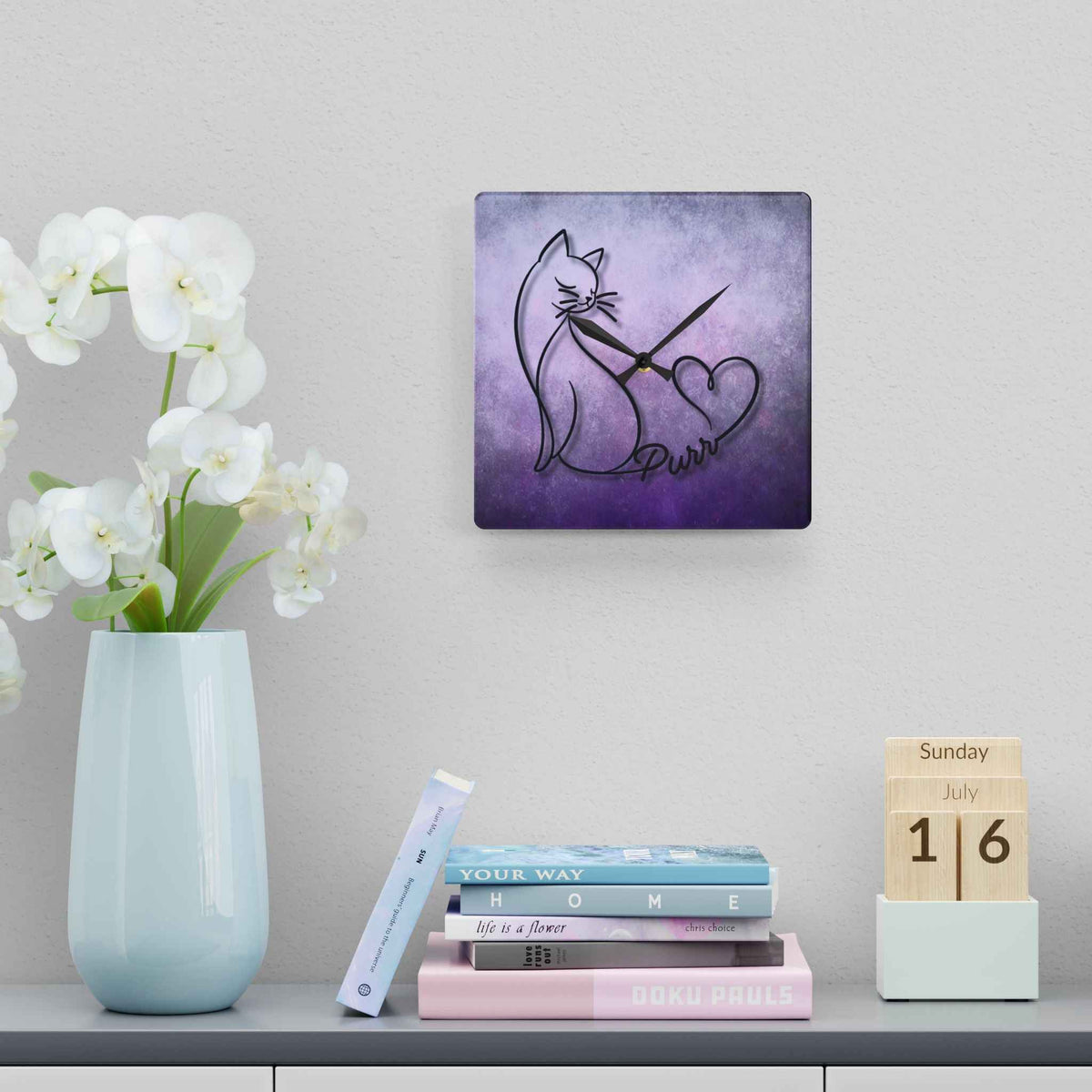 Purr Cat Heart Acrylic Wall Clock – Minimalist Cat Lover Decor