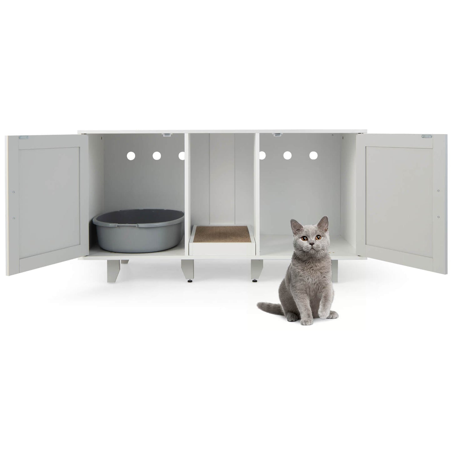 2-Door Cat Litter Box Enclosure with Scratching Board - Gray