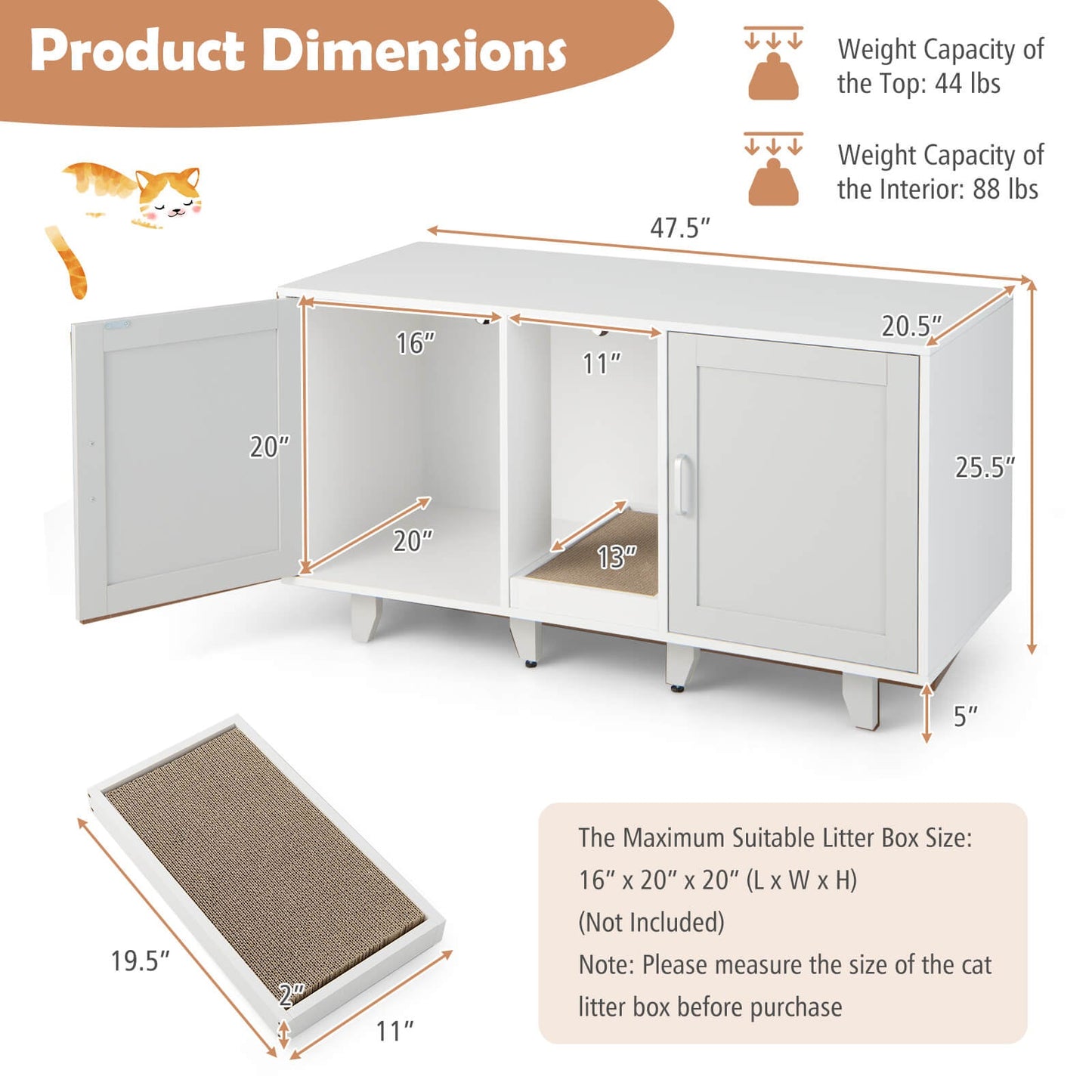 2-Door Cat Litter Box Enclosure with Scratching Board - Gray