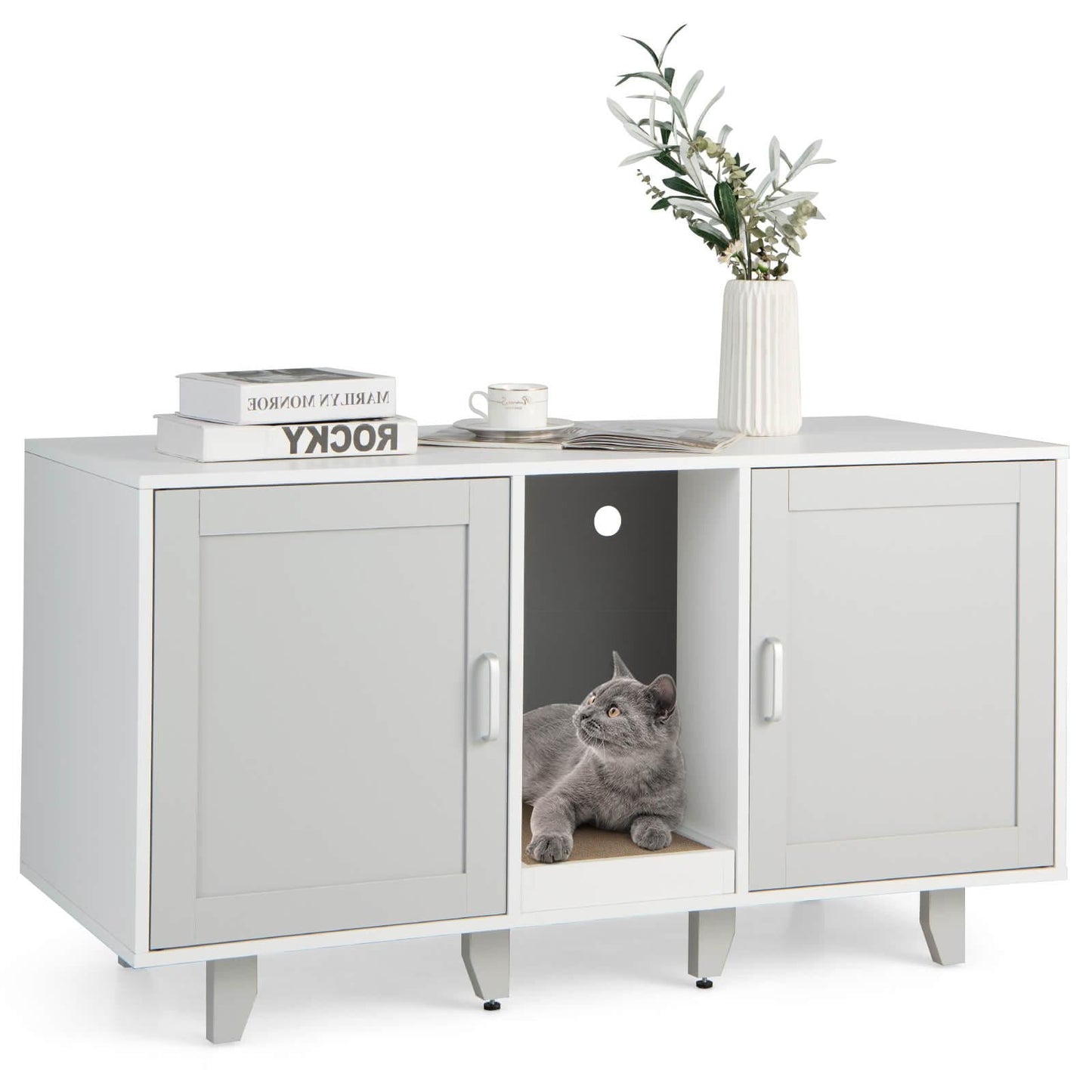 2-Door Cat Litter Box Enclosure with Scratching Board - Gray
