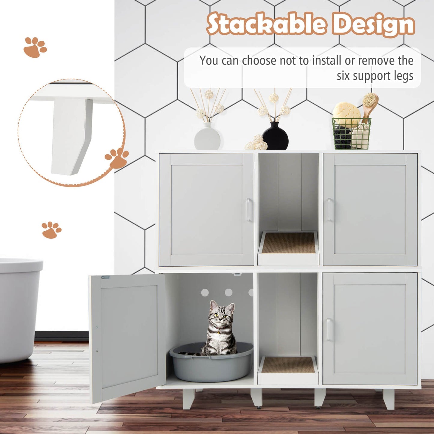 2-Door Cat Litter Box Enclosure with Scratching Board - Gray