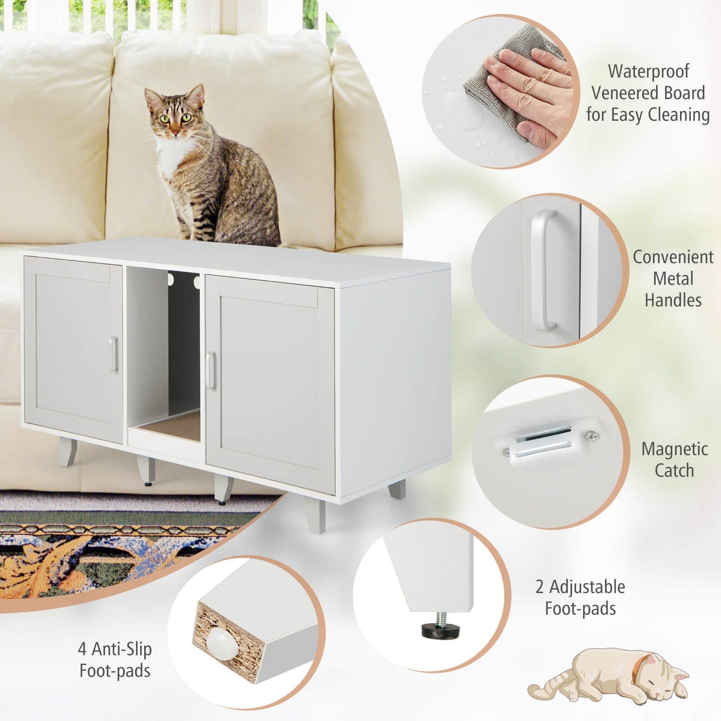2-Door Cat Litter Box Enclosure with Scratching Board - Gray