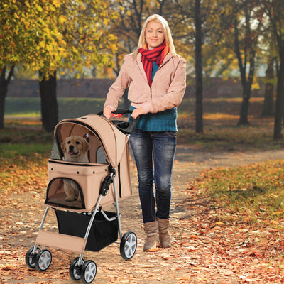 Poussette Pliable pour Animaux avec Panier de Rangement et Canopy Réglable - Beige
