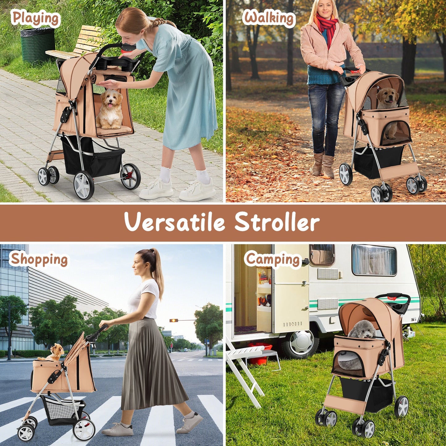 Folding Pet Stroller with Storage Basket and Adjustable Canopy - Beige