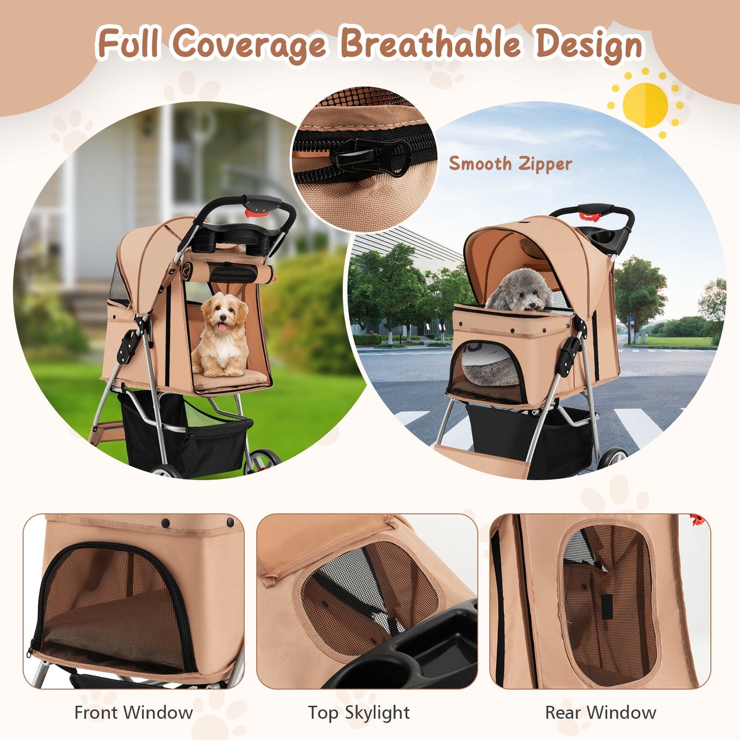 Folding Pet Stroller with Storage Basket and Adjustable Canopy - Beige
