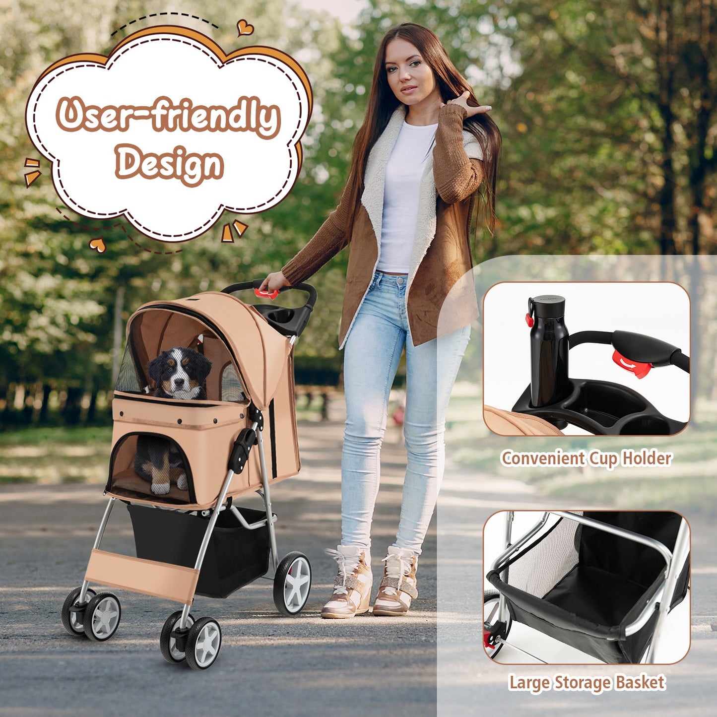 Folding Pet Stroller with Storage Basket and Adjustable Canopy - Beige