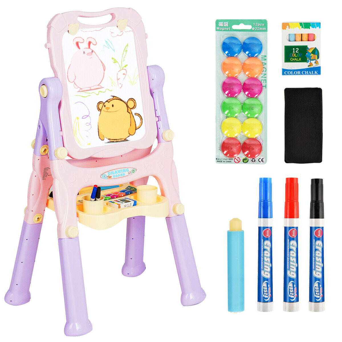 Kids Height Adjustable Double Side Magnetic Art Easel - Purple