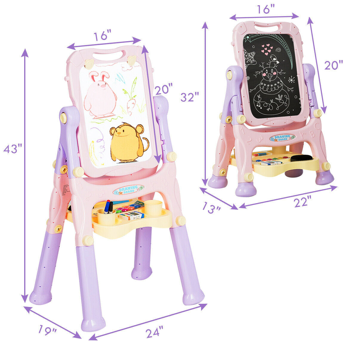 Kids Height Adjustable Double Side Magnetic Art Easel - Purple