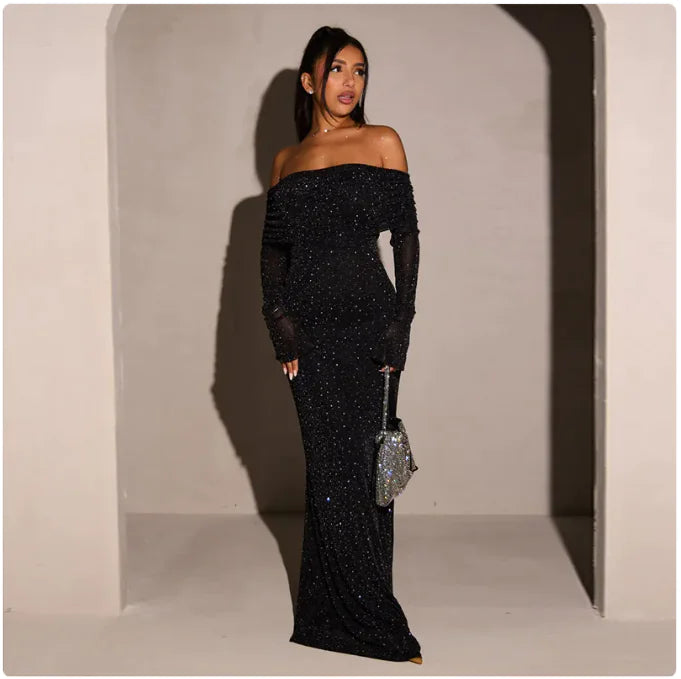 Vestido de Lentejuelas con Hombros Descubiertos para Mujeres