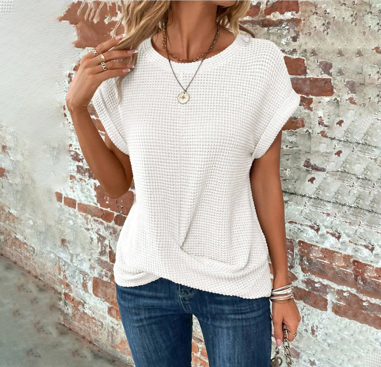 Camiseta de Cuello Redondo de Waffle Sólido de Verano Chic y Cómoda