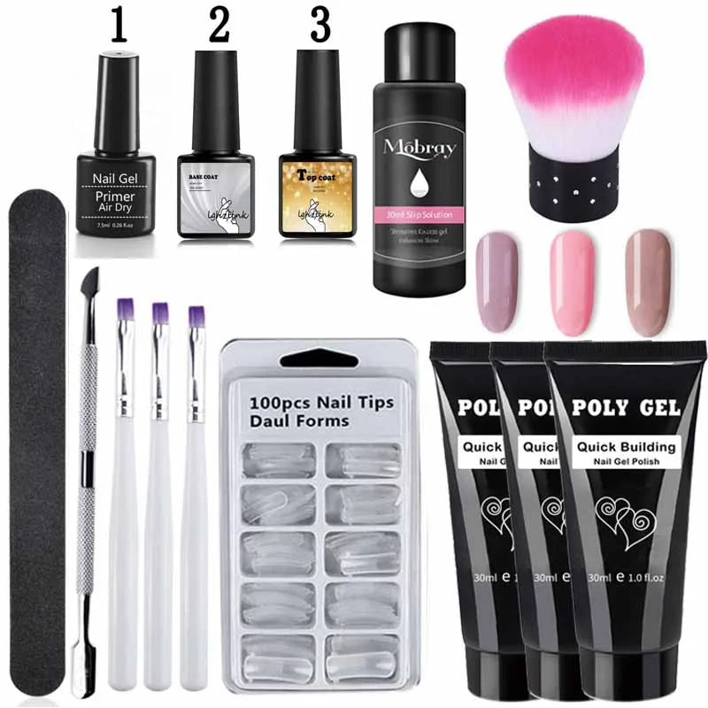 Kit de Poly Gel pour Nail Art Français avec Pinceau UV et Conseils d'Ongles