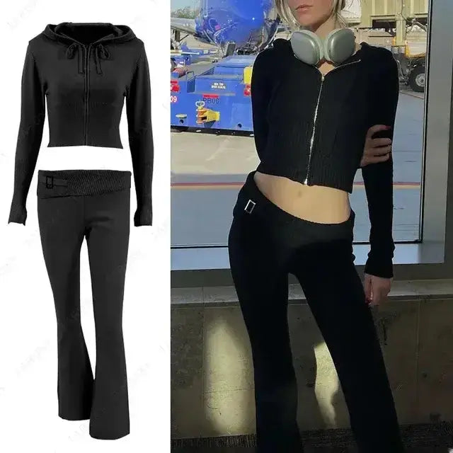 Ensemble de Haut Court à Capuche Tricoté Chic et Pantalons