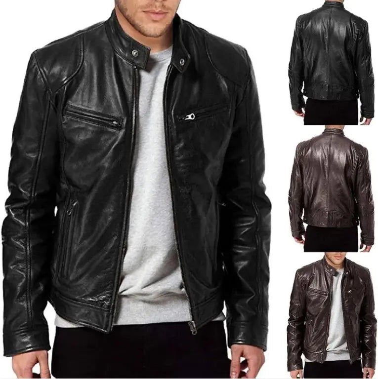Chaqueta de Cuero PU con Cremallera para Hombre con Cuello Alto