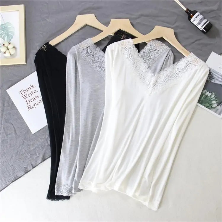 Top Térmico Slim de Manga Larga con Encaje en V para Mujeres