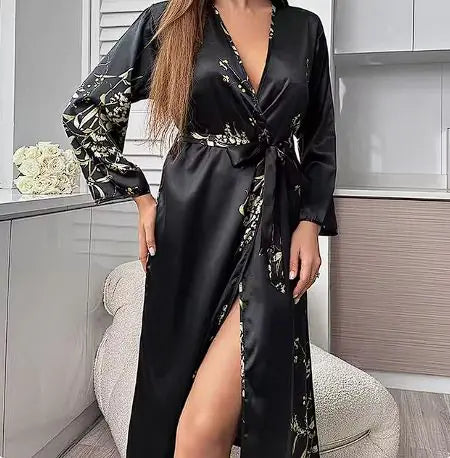 Ensemble de Chemise de Nuit et Robe en Satin à Imprimé Cerise