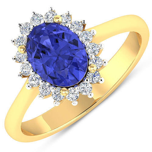 Bague Halo en Tanzanite et Diamants de 1,92 Carat en Or Jaune 14K