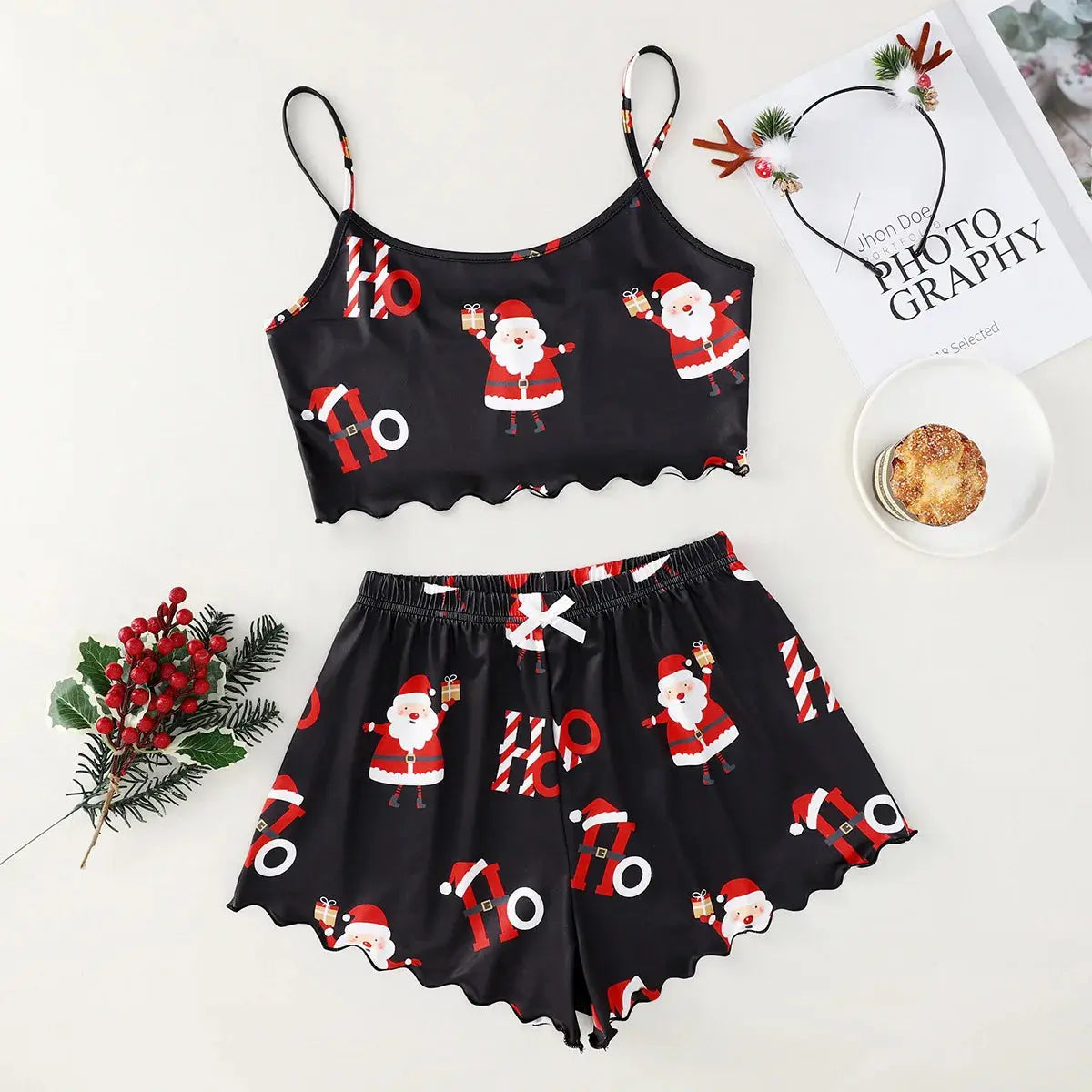 Ensemble de Pyjama Sans Bretelles pour Femmes à Thème de Noël