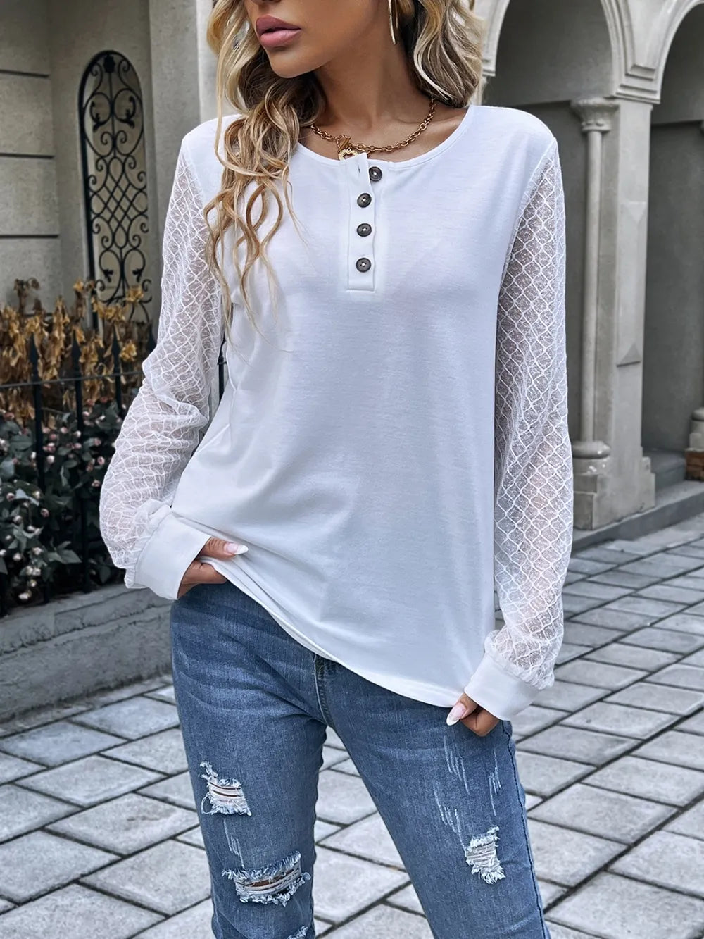 Quarter Button Round Neck Long Sleeve Blouse - Korvel