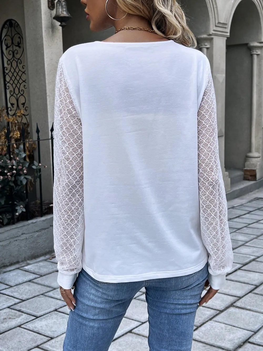 Quarter Button Round Neck Long Sleeve Blouse - Korvel