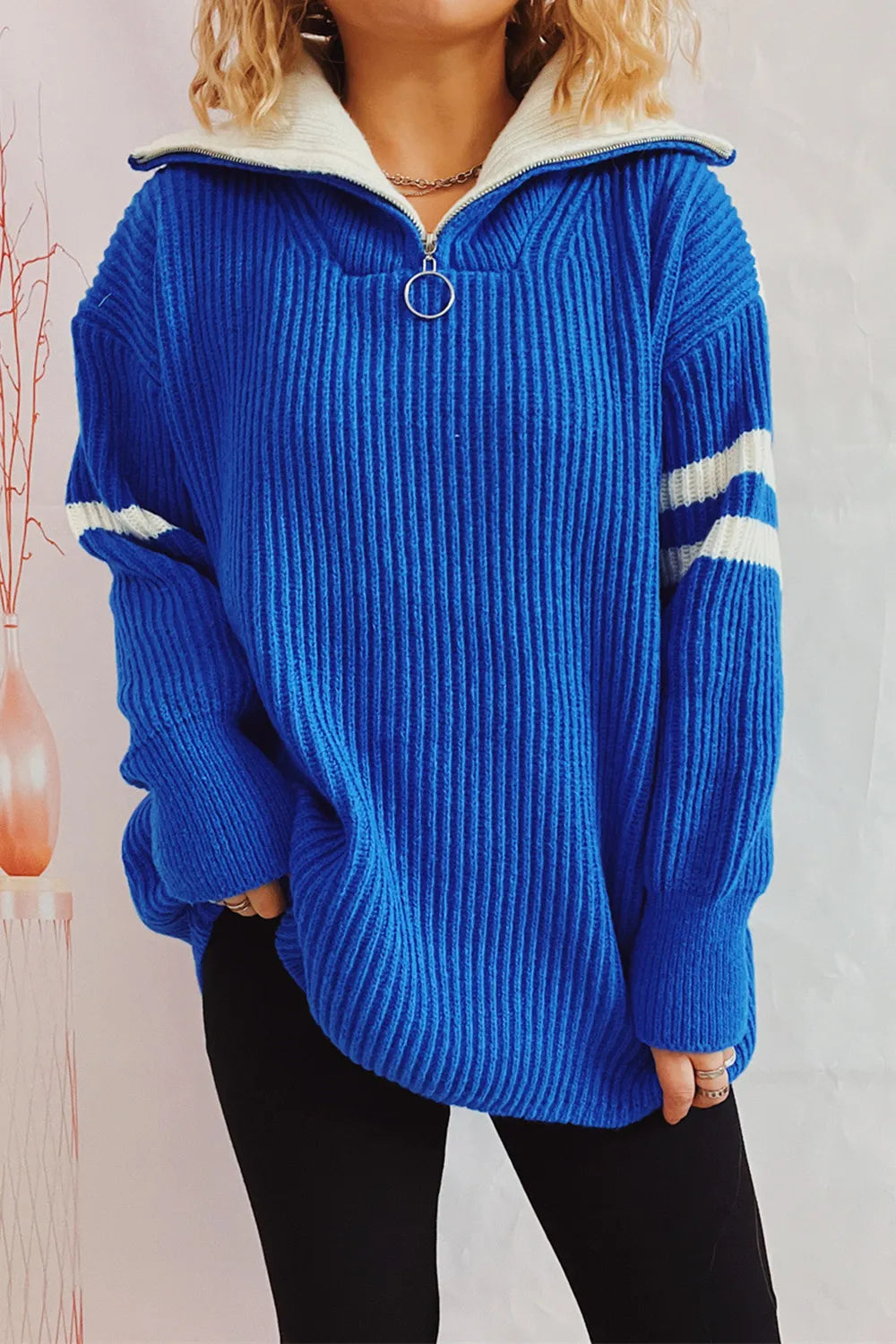 Quarter Zip Striped Dropped Shoulder Sweater - Korvel