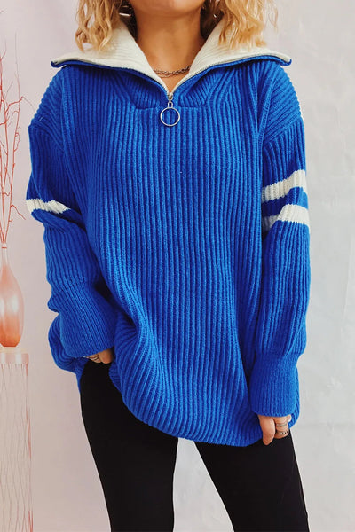 Quarter Zip Striped Dropped Shoulder Sweater - Korvel