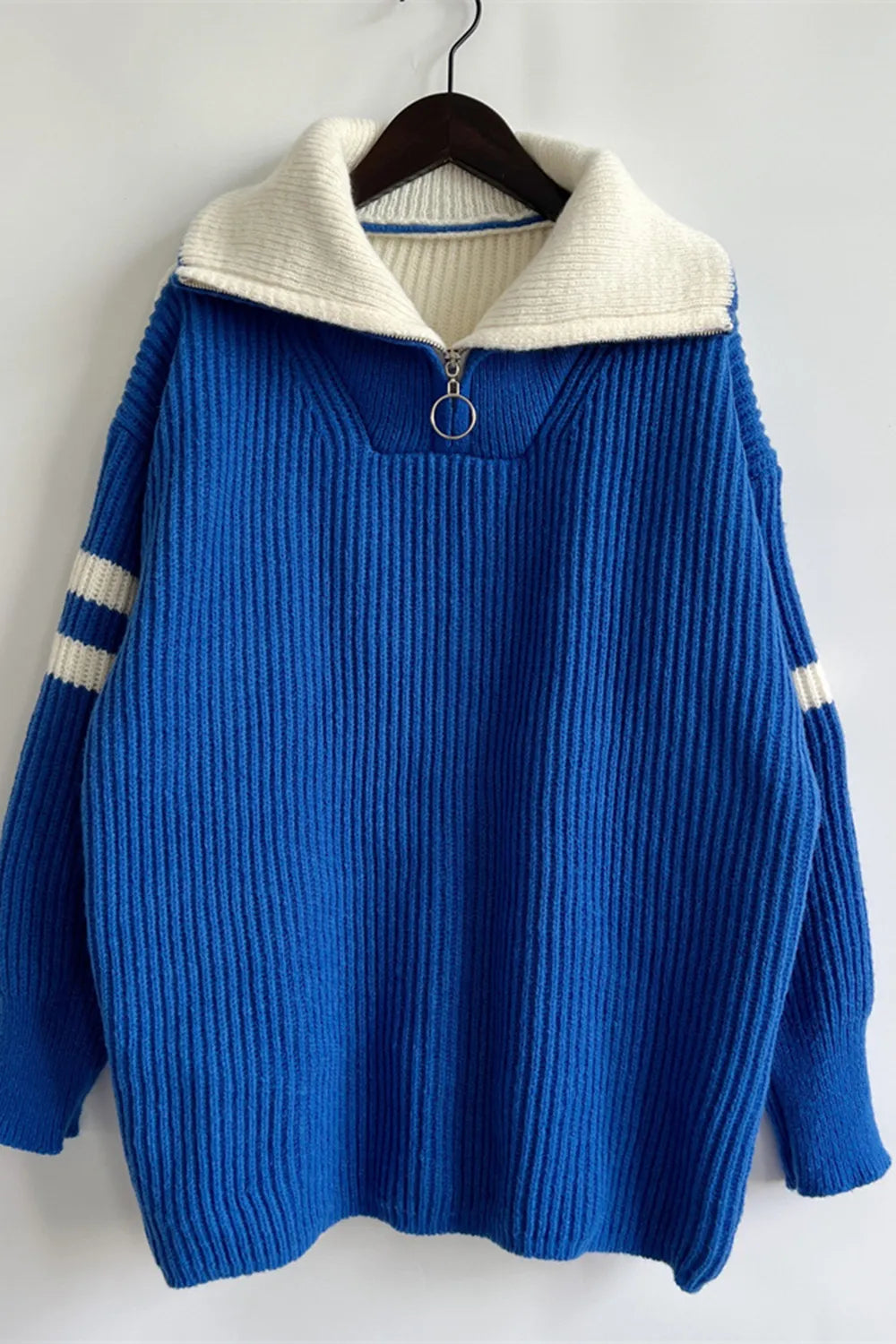 Quarter Zip Striped Dropped Shoulder Sweater - Korvel