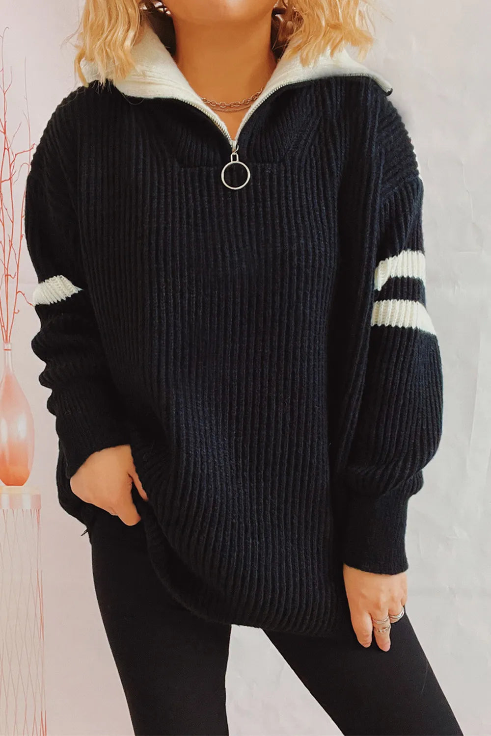 Quarter Zip Striped Dropped Shoulder Sweater - Korvel