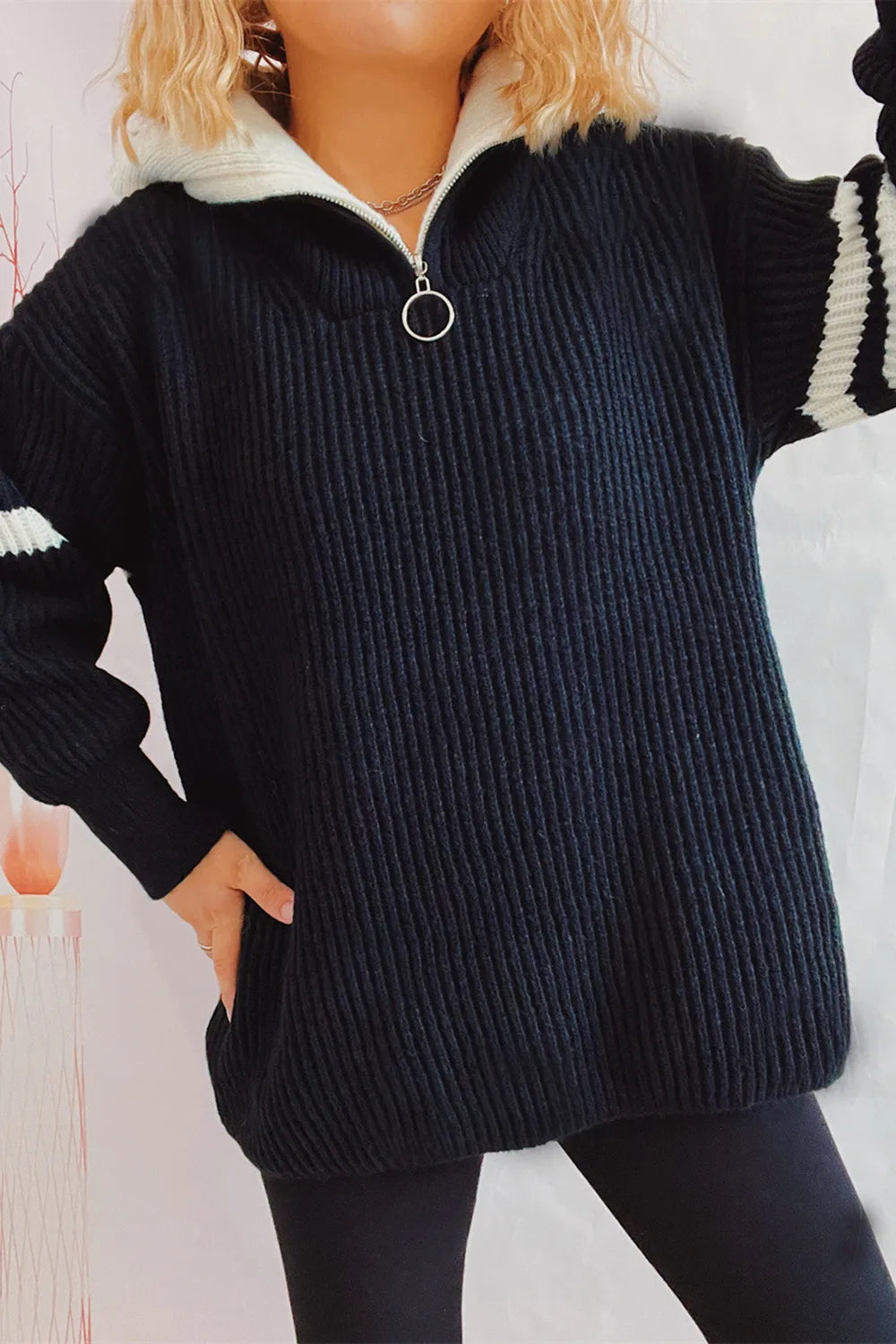 Quarter Zip Striped Dropped Shoulder Sweater - Korvel