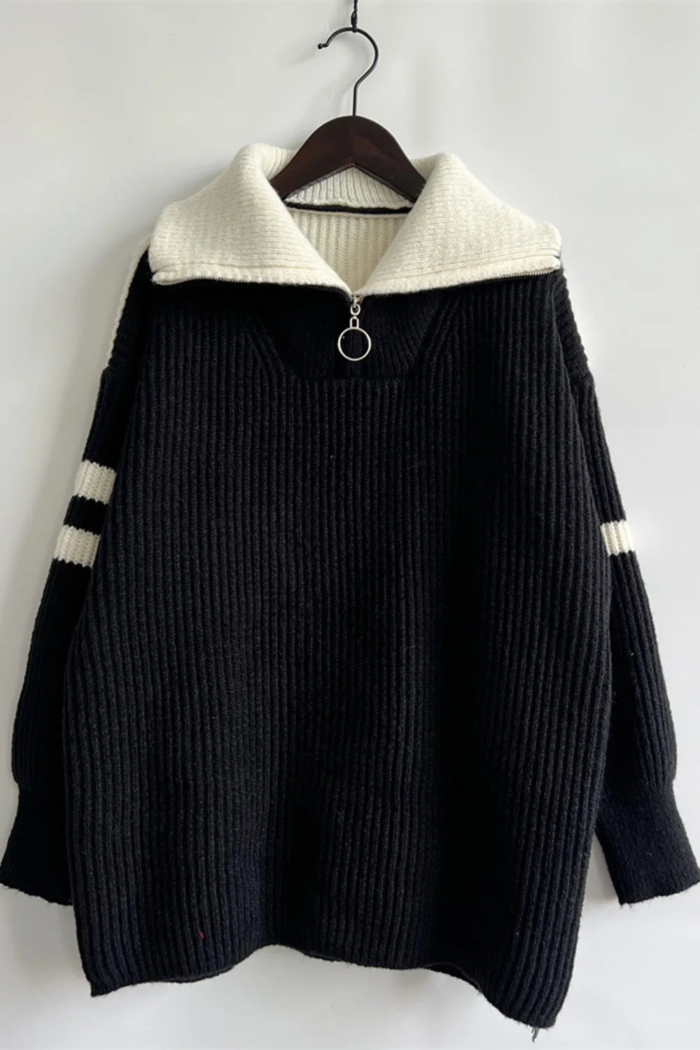 Quarter Zip Striped Dropped Shoulder Sweater - Korvel