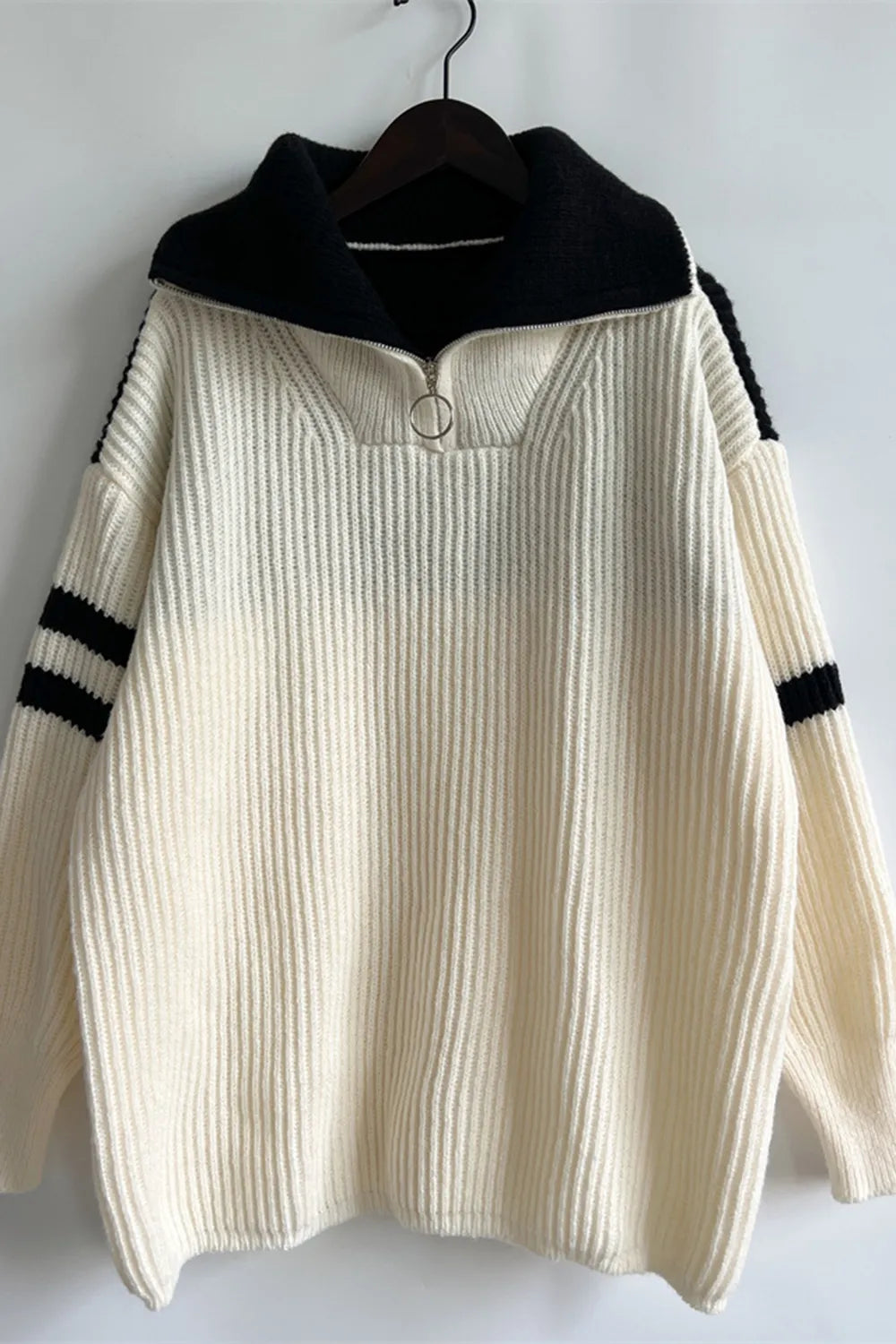 Quarter Zip Striped Dropped Shoulder Sweater - Korvel