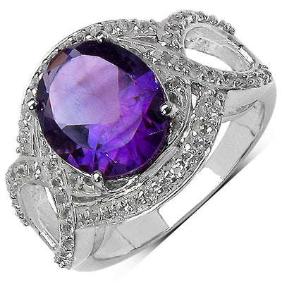 Bague en argent sterling avec améthyste véritable de 3,51 carats et topaze blanche