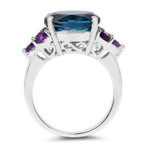 Bague en argent sterling avec topaze bleue de Londres et améthystes de 6,60 carats