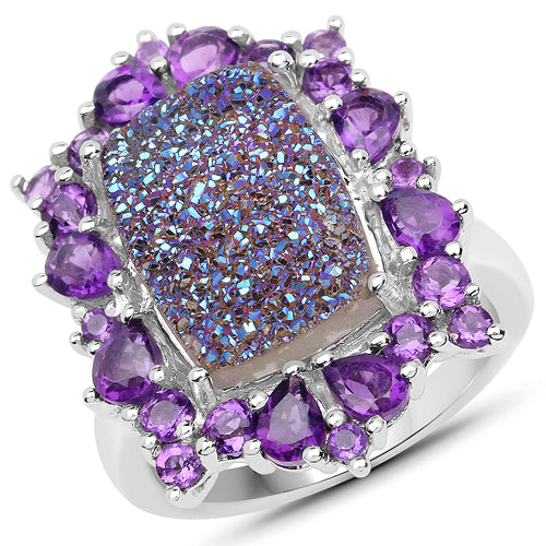 Bague en argent sterling avec quartz drusy et améthystes de 5,97 carats