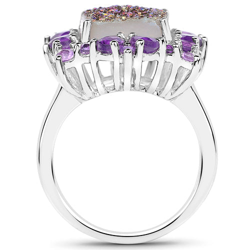 Bague en argent sterling avec quartz drusy et améthystes de 5,97 carats