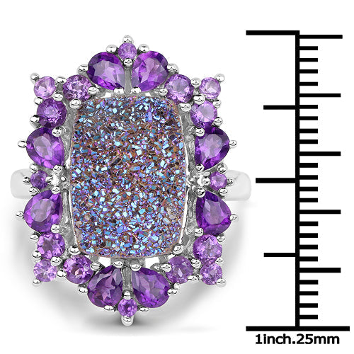 Bague en argent sterling avec quartz drusy et améthystes de 5,97 carats