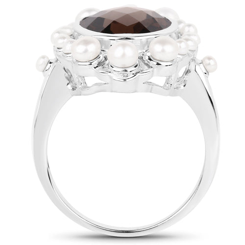 5.75 Carat Smoky Quartz and Pearl Sterling Silver Engagement Ring
