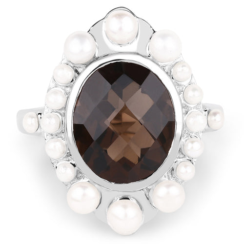 5.75 Carat Smoky Quartz and Pearl Sterling Silver Engagement Ring