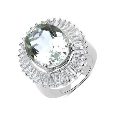 Anillo de Plata Esterlina con Amatista Verde de 11.14 Quilates y Topacio Blanco