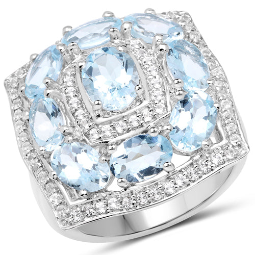 Bague en argent sterling avec aquamarine de 4,07 carats et topaze blanche