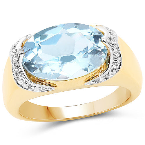 Anillo de Topacio Azul y Topacio Blanco Bañado en Oro Amarillo de 14K