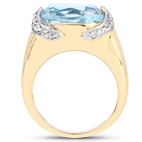 Anillo de Topacio Azul y Topacio Blanco Bañado en Oro Amarillo de 14K