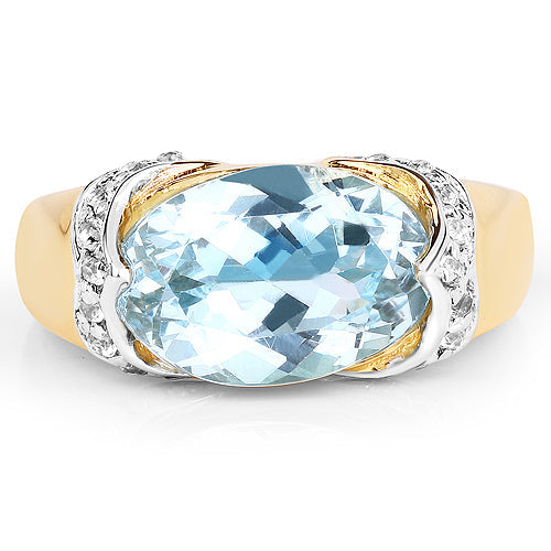 Anillo de Topacio Azul y Topacio Blanco Bañado en Oro Amarillo de 14K