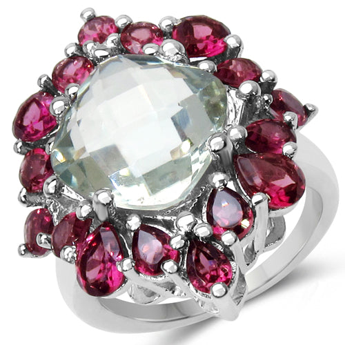 Bague en argent sterling avec améthyste verte et rhodolite de 8,61 carats